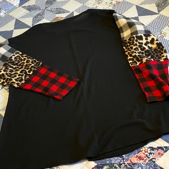Women's Black Top with Red Plaid and Leopard Sleeves - Picture 5 of 5